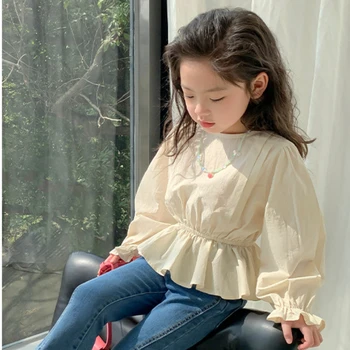Bluzlar Çocuk Giyim Kız Puf Kollu Sonbahar Sezon Yeni Kore Gömlek Tops Yuvarlak Yaka Topraklar Pileli Basit Görüntü