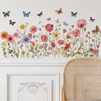 Boyalı Çiçekler Yapraklar Kelebekler Oturma oda duvar dekorasyonu Yatak Odası Yenileme Atmosfer duvar çıkartmaları Kendinden yapışkanlı 2023 Görüntü