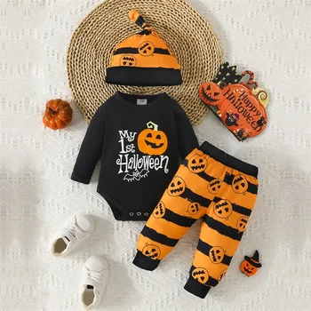 Cadılar bayramı 0-2Y Bebek Erkek Kız Kıyafetler Uzun Kollu Mektup Romper + Çizgili Pantolon + şapka seti Bebek Giysileri Seti Görüntü
