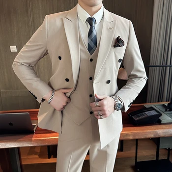 (Ceket + Yelek + Pantolon )moda Yeni Tailcoat erkek Butik İş Blazers İnce Düğün Kruvaze Takım Elbise Pantolon 3 Adet Set Görüntü
