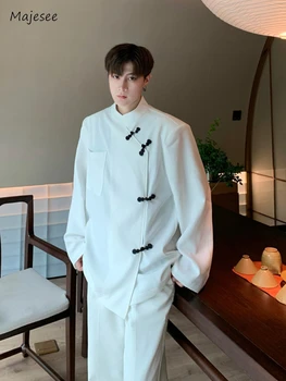 Ceketler Erkekler Günlük Düz Renk Rahat Bahar Sonbahar Streetwear Kurbağa Düğmesi Tüm Maç Tang Takım Elbise Standı Yaka Çin Tarzı Moda Görüntü