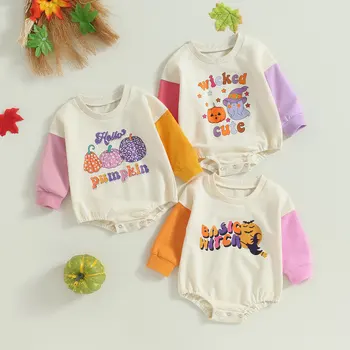Citgeett Sonbahar Cadılar Bayramı Bebek Bebek Kız Erkek Tişörtü Bodysuit Kabak Mektup Baskı Kontrast Renk Uzun Kollu Sonbahar Giysileri Görüntü