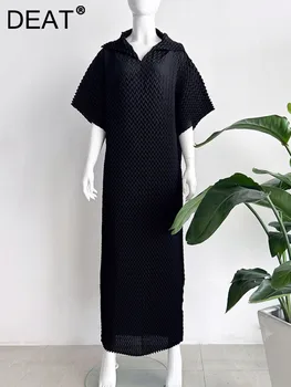 DEAT Maxi Pilili Elbise 2023 Sonbahar Kısa Kollu düz Fransız ünlü ışık lüks Düz renk yumuşak kadın Kumaş 15G7350 Görüntü