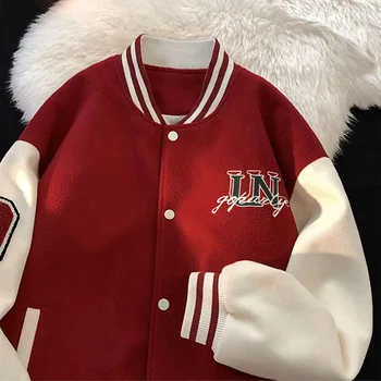 Deeptown Vintage Beyzbol Ceket Kadın Y2k Streetwar Moda Kore Boy Kırmızı Varsity Bombacı Ceketler Sonbahar Kış Koleji Görüntü
