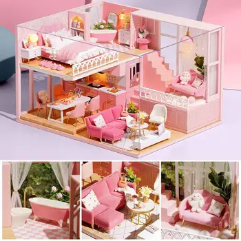 Dollhouse minyatür kiti 3D minyatür ev mobilya seti müzik ile Mini LED ışıkları bebek evi aksesuarları için mobilya ile Görüntü