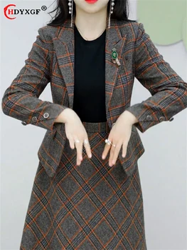 Ekose Etekler 2 Parça Set İnce Blazer Tops + A-line Vintage Etek Kore Rahat Eşofman İlkbahar Sonbahar Yeni Kadın Zarif Topluluklar Görüntü