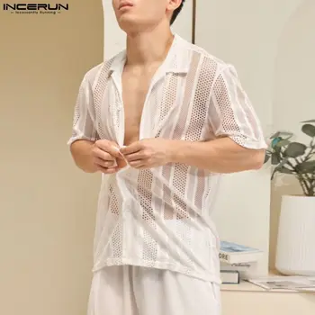 Erkek Gömlek Örgü Şeffaf Yaka Kısa Kollu Streetwear Seksi Erkek Giyim 2023 Yaz Moda Parti Casual Gömlek S-5XL INCERUN Görüntü