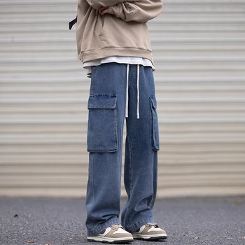 Erkek Kot Streetwear Düz Renk Büyük Cepler Düz Bacak kot pantolon Hip Hop günlük pantolon Yüksek Sokak Erkek Pantolon Görüntü