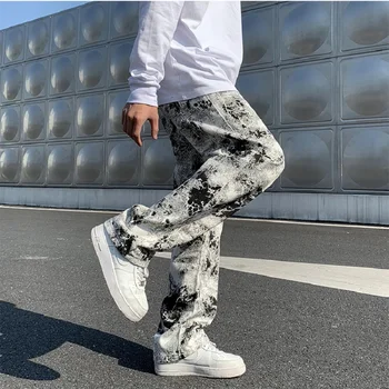 Erkek Moda Baskılı kot Bahar 2023 Paspas Pantolon Kot Kore Tarzı Yüksek Sokak Gevşek Hip Hop Geniş bacak Jean Pantolon Görüntü