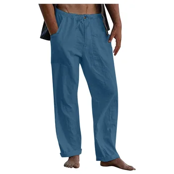 Erkek Pamuk Keten Pantolon Erkek Serin Yaz Düz Renk Nefes Plaj Pantolon Yoga Streetpants Spor Streç Uzun Pantolon Sonbahar Görüntü