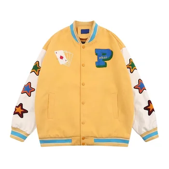 Erkek Patchwork beyzbol ceketleri Hip Hop Üniversite Yıldız Nakış Bombacı Palto Streetwear Harajuku Rahat PU Kollu kolej ceketi Görüntü