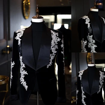 Erkek Takım Elbise Özel Tek Parça Kadife Blazer Bir Düğme Geniş Saten Yaka Boncuk Aplikler Düğün Resmi Custom Made Artı Boyutu Görüntü