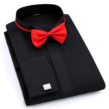 Erkekler Düğün Smokin Uzun Kollu Elbise Gömlek Fransız Kol Düğmeleri Swallowtail Kat Koyu Düğme Tasarım Beyefendi Gömlek Beyaz Kırmızı Siyah Görüntü