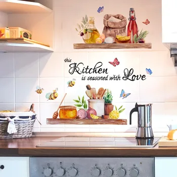 Ev Mutfak Restoran dekorasyon için duvar boyaması Sticker Mutfak Eşyaları Arı Kelebek Desen Karikatür Duvar Resmi Sıcak PVC Aksesuarları Görüntü