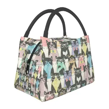 Hipster Sevimli Kediler Yalıtımlı Öğle Yemeği Çantaları Kadınlar için Su Geçirmez Komik Yavru Termal Soğutucu yemek taşıma çantası Ofis Piknik Seyahat Görüntü