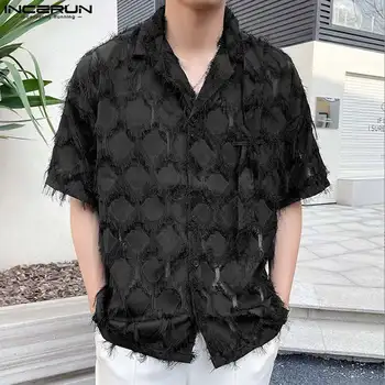 INCERUN Üstleri 2023 Kore Tarzı Yeni erkek Saçaklı Püsküller Tasarım Gömlek Casual Moda Erkek Kısa Kollu Yaka Bluz S-5XL Görüntü