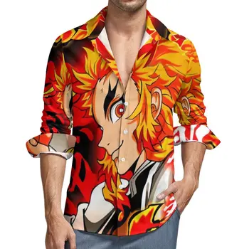 Iblis avcısı Gömlek Sonbahar Rengoku Kyojuro Anime Casual Gömlek Erkek Retro Bluzlar Uzun Kollu Grafik Y2K Üstleri 3XL 4XL Görüntü