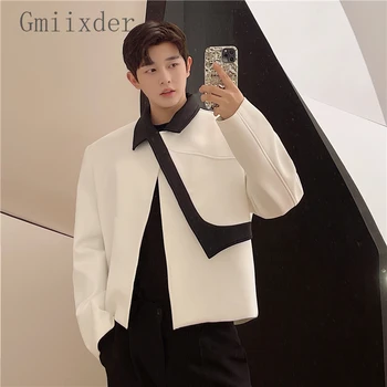 Ilkbahar Sonbahar Zarif Blazer Ceket erkek Niş Tasarımcı Kontrast Renk Rahat Ceket Kore High-end Eklenmiş Asimetrik Üst Görüntü