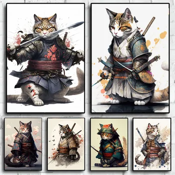 Japon Kedi Samurai Komik dekoratif tablolar Duvar Sanatı Posterler ve Baskılar Sevimli Kedi Hayvanlar Anime Resimleri Çocuk Odası Dekor İçin Görüntü