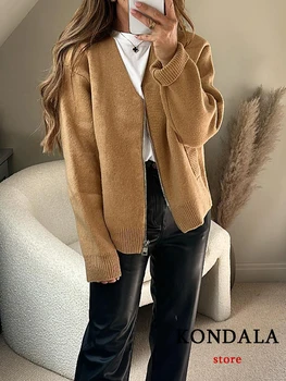 KONDALA Vintage Chic Kadınlar Kazak Ceketler Katı Fermuarlar V Yaka Örme Sıcak Palto Yeni Moda 2023 Sonbahar Kış Kadın Ceketler Görüntü