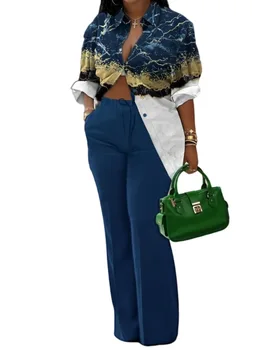 Kadın Baskı Takım Elbise Uzun Kollu Tek Göğüslü turn-aşağı Yaka Gömlek Elastik Bel Pantolon Rahat Ofis İki Parçalı Set kadın Giysileri Görüntü
