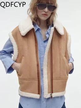 Kadın Ceket Yelek Sonbahar Kış Yeni Rahat Kuzu Yün Kolsuz Yaka Ceket Üstleri Yüksek Sokak Japon Kore Fermuar Yelek Ceketler Görüntü