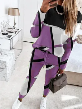 Kadın Iki Parçalı Setleri Kıyafetler Sonbahar Rahat Baskı Uzun Kollu sıfır yaka bluzlar Kazak Moda Dantel Up Pantolon Kadın Takım Elbise Streetwear Görüntü