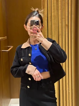 Kadın Kadife Ekleme Örgü Hırka Siyah Turn-aşağı Yaka Uzun Kollu Ceket 2023 Sonbahar Kadın Renk Patchwork Kazak Görüntü