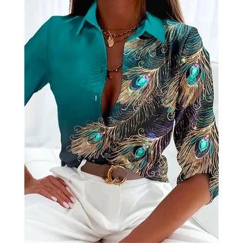 Kadın Mücevher Tavuskuşu Tüyü Baskı Düğmeli Uzun Kollu Gömlek 2023 Kadın Bahar Rahat turn-aşağı Yaka Bluz Üst İş Giysisi Görüntü
