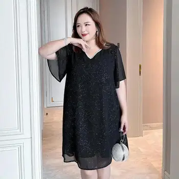 Kadın Siyah yaz elbisesi Moda Gevşek İnce Kısa Kollu Mizaç V Yaka Elbise Kadınlar için L-5XL 2023 Yeni Görüntü