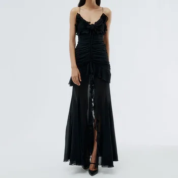 Kadın Spagetti Kayışı Maxi Elbise Yaz Kolsuz Fit ve Flare İnce Ruffles Bölünmüş Rahat Kayma tatil elbisesi 2023 Görüntü