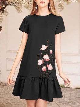 Kadın Yaz Çiçek Elbise ZANZEA Moda Ruffles Hem Sundress Vintage Kısa Kollu Baskılı Vestidos Zarif Bir Çizgi Parti Elbiseler Görüntü