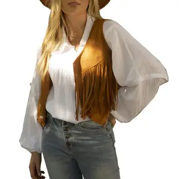 Kadın Yelek Batı Saçak Püskül Hırka Kolsuz Tek göğüslü V Boyun Düz Renk Kısa Retro Hippi Elbise Ceket Bayan Görüntü