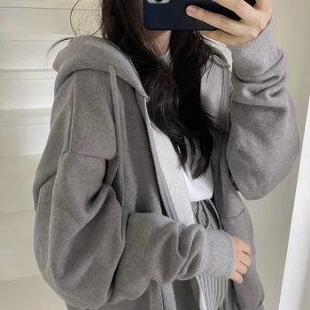 Kadın hoodie Harajuku Kore fermuarlı kapüşonlu kıyafet Y2k gevşek ince uzun kollu kapşonlu güneş koruma ceket düz renk retro gömlek kız Görüntü
