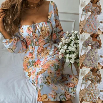 Kadın uzun kollu moda kare yaka dantel çiçek elbise Görüntü