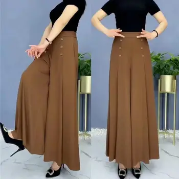 Kadın Örtü Düğmesi Geniş Bacak Pantolon 2023 Vintage Yüksek Bel Ayak Bileği Uzunlukta Pantolon Katı Renkler Casual Baggy Pantalones Artı Boyutu Görüntü
