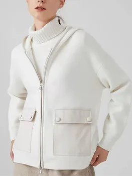 Kadınlar 100 % Kaşmir Fermuarlı kapüşonlu ceket 2 Renk Moda 2023 Sonbahar Kış Bayanlar Uzun Kollu Ceket Cepler ile Tüm Maç Görüntü