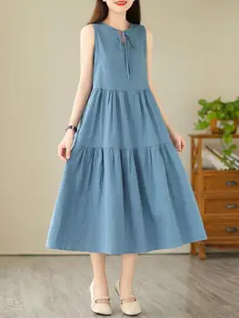 Kadınlar Tatlı Mavi Sanatsal Dantel-up Yelek Elbise Yaz Kolsuz Kadın Moda Ekip Boyun Yüksek Bel Pilili Uzun Elbiseler Vestidos Görüntü