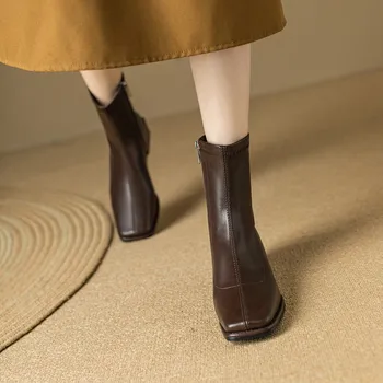 Kadınlar için Ayakkabı 2023 Moda Ayak Bileği kadın Botları Klasikleri Modern Çizmeler Kadın Dikiş Zip Katı Kare Ayak Med Topuk Ayakkabı Bayanlar Görüntü