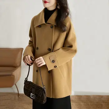 Kore Kadın Yün Ceket Sonbahar Kış İçin 2023 Yeni Moda Dönüş Yaka Katı Zarif Gevşek Ofis bayan Ceketleri Giyim Görüntü
