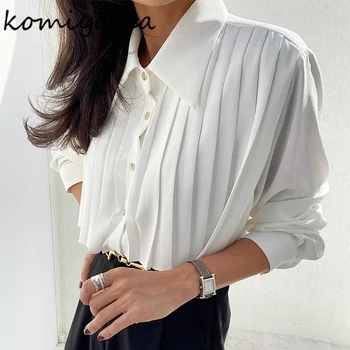 Kore Şık Pilili Blusas Mujer Yaka Tek Göğüslü Gömlek Bluzlar Uzun Kollu Camisas Gevşek Ropa Mujer Sonbahar Gömlek Tops Görüntü