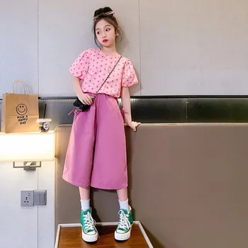 Koreli Çocuk Giyim Seti 2023 Yaz Kızlar Yuvarlak Nokta Kısa Kollu Üst + Geniş Bacak Pantolon Kıyafetler Salonu için 2 adet 4-16Y Görüntü