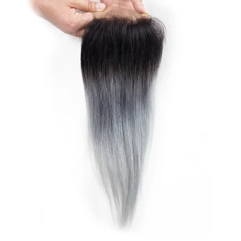 Koyu Gri Siyah Kökleri Düz Ombre Renk 4x4 13x4 İnsan Saç Kapatma Frontal Remy Brezilyalı Ön renkli Saç Kapatma Görüntü