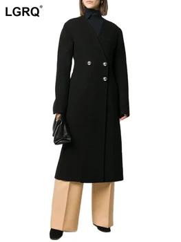 LGRQ 2023 Kış Yeni Moda Kruvaze Rahat Zarif Uzun Trençkot kadın Moda Basit Düz Renk Elbise 19F3523 Görüntü
