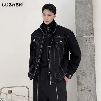 LUZHEN 2023 Moda Kore Tasarım Renk Kontrast Çizgi Ceketler erkekler Yüksek Kaliteli Sokak Zarif Standı Yaka Erkek Sonbahar 6046f9 Görüntü