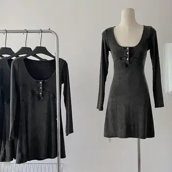 Lauri Laki Yeni Parti örme elbise Kadınlar Vintage Slim Fit Siyah A-line Mini Elbise Sonbahar 2023 Görüntü