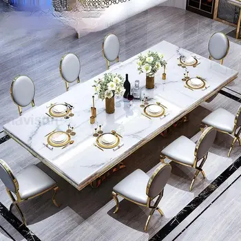 Lüks Beyaz Mermer yemek masası Ve Sandalye Kombinasyonu Dikdörtgen Mutfak Masaları İtalyan Tipi Büyük Muhtasar Modern Mobilya Görüntü