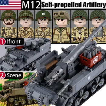 MOC ABD M12 Kendinden tahrikli Topçu Tankı Yapı Taşları Zırh Askerler Rakamlar Kask Zırhlı Araç Silah Tuğla Oyuncaklar Erkek Görüntü