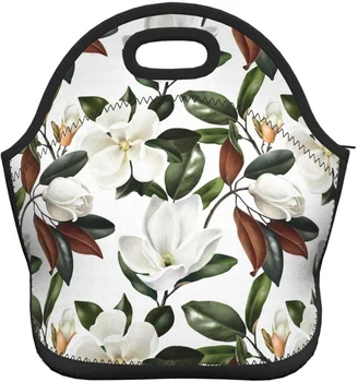 Manolya Çiçek Neopren Öğle Yemeği Çantası Kutuları, Dayanıklı Termal Tote çanta düzenleyici Soğutucu Bento Çanta Lunchbox Çanta Görüntü
