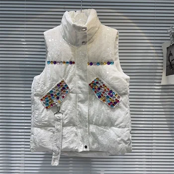 Manuel Renkli Elmas Sequins Pamuk-yastıklı Yelek Beyaz Standı Yaka Kolsuz Sonbahar Kış Kadın Kısa Pamuk Yelek Görüntü